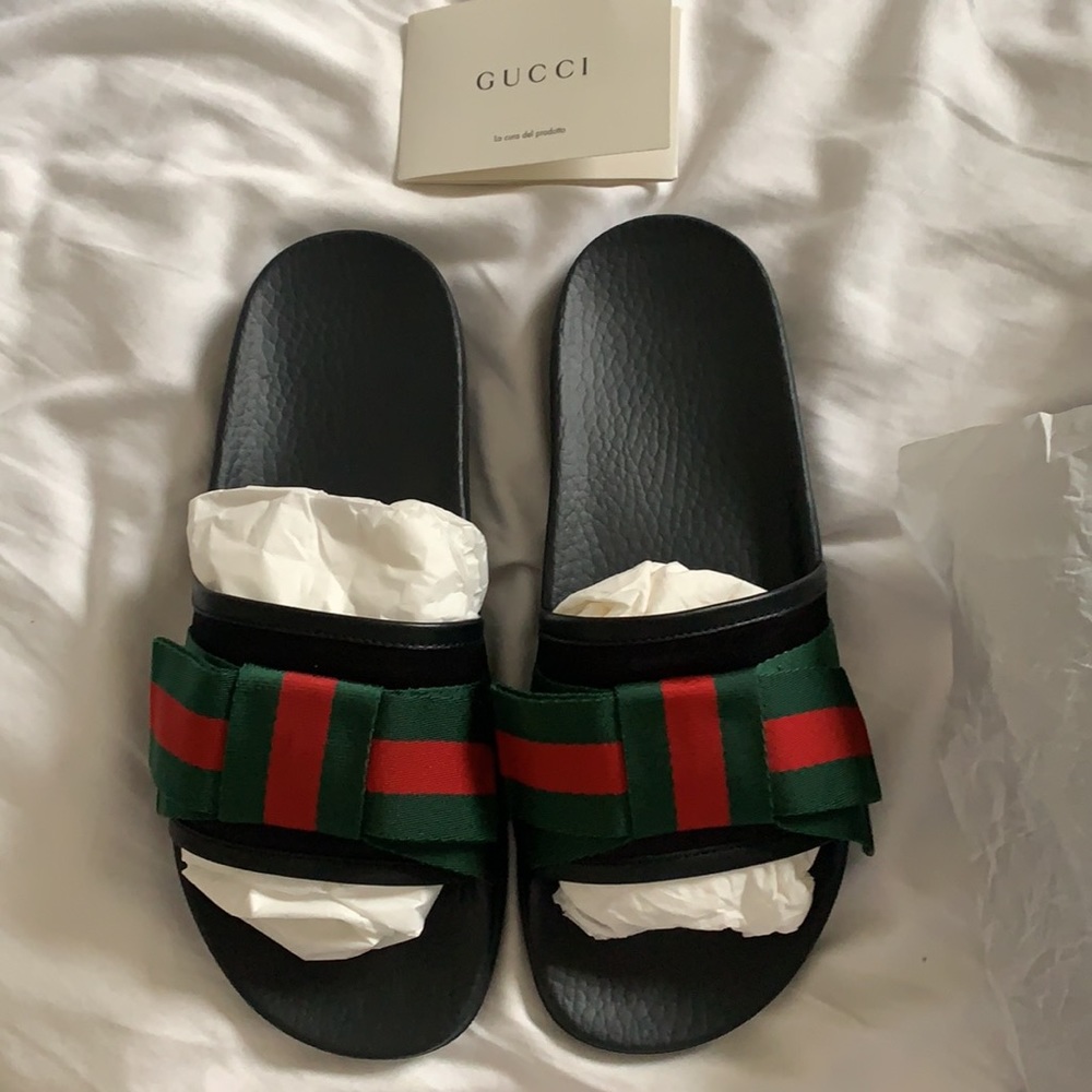 BNIB GUCCI NERO SLIDES 38 RED/GREEN Fabric BOW